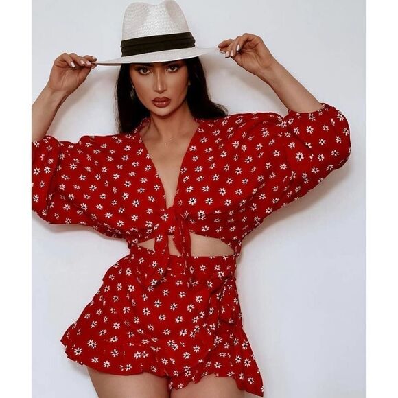 Linen Blend Red Set Zara Skort and Top new - Picture 1 of 15